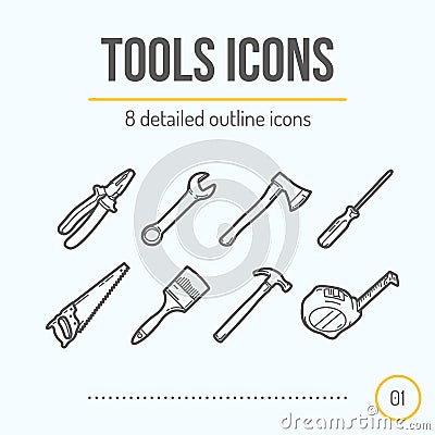 Tools Icons Set (Pliers, Wrench, Axe, Screwdriver, Saw, Brush, Hammer, Tape Measure) Vector Illustration