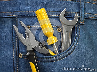 Tools in jeans pocket. Service and engineering concept Cartoon Illustration