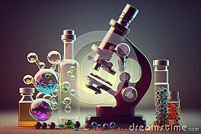 tools labratory pharmaceutical medical Chemistry molecule model vials flasks, Microscope Stock Photo
