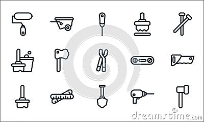 tools line icons. linear set. quality vector line set such as hammer, shovel, broom, hand drill, ruler, broom, water level, paint Vector Illustration