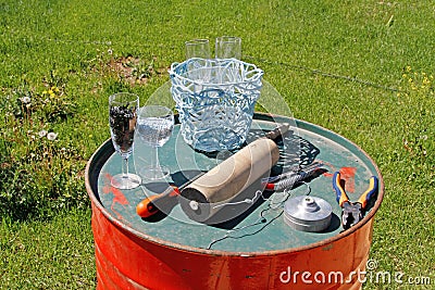 Tools for making containers from recycled plastic Stock Photo