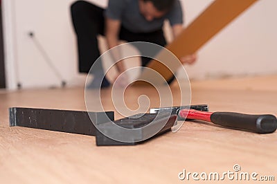 Tools for mounting laminated floor Stock Photo