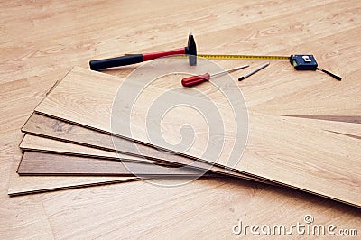 Tools for mounting laminated floor Stock Photo