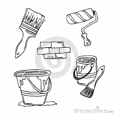 Tools Repair Doodle Icons. Wall painting doodle icons, paint brush and paint bucket Vector Illustration