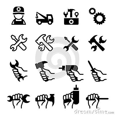 Tools, Repair, Fix, Setup, Maintenance, config icon set Cartoon Illustration