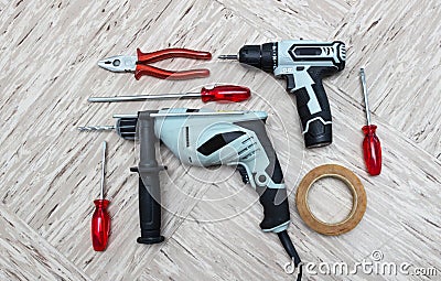 Tools for repair, screwdriver, electric drill, electro-screwdriver, Stock Photo