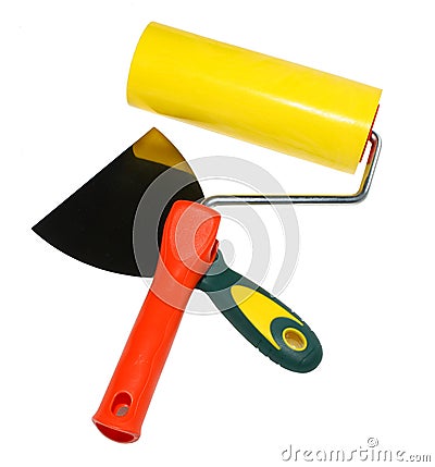 Tools : roller, palette knife, spatula. isolated Stock Photo