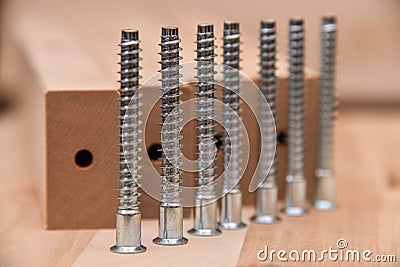 Tools, screws and wooden parts for self-assembly of furniture Stock Photo