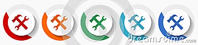 Tools, service vector icon set, flat design colorful round icons in 5 color options for webdesign and mobile applications Vector Illustration