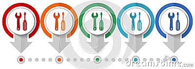 Tools, service vector icon set, flat design infographic template, set pointer concept icons in 5 color options for webdesign and Vector Illustration