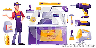 Tools store, hardware construction shop equipment Vector Illustration