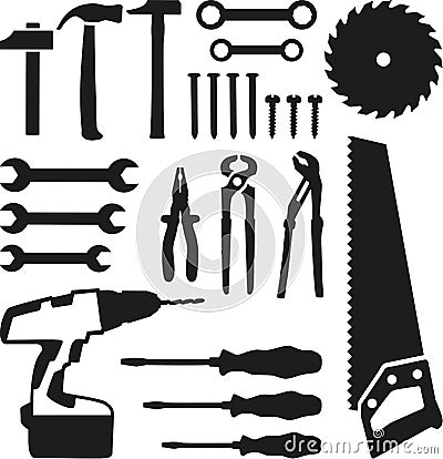 Tools set - saw, wrench, screwdriver, nails, screw, drill Vector Illustration