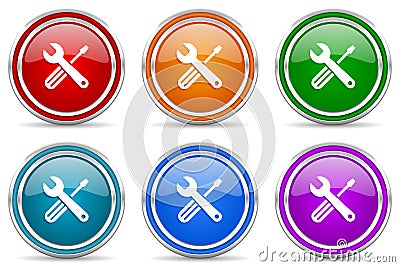 Tools silver metallic glossy icons, set of modern design buttons for web, internet and mobile applications in 6 colors options Stock Photo