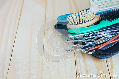 Tools of stylists hairdesign in black case Stock Photo