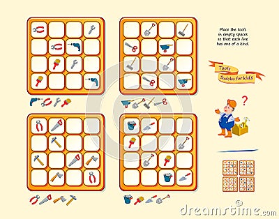 Tools Sudoku for kids. Page for brain teaser book. Set of logic puzzle games for children. Place instruments in empty spaces so Vector Illustration