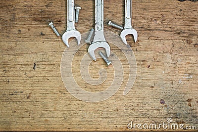 Tools supplies on a wooden background,wrench Stock Photo