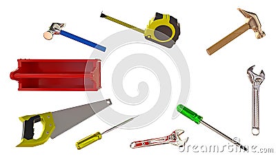 Tools toolbox kit hammer metre wrench screwdriver saw top view isolated background - 3d rendering Stock Photo
