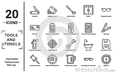 tools.and.utensils linear icon set. includes thin line penknife, postage, flame extinguisher, school push pin, time left, mercury Vector Illustration