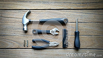 Tools on wood background Stock Photo