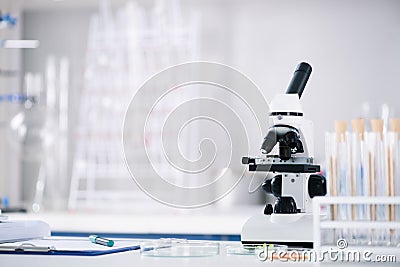 Tools at workplace in modern biological laboratory Stock Photo