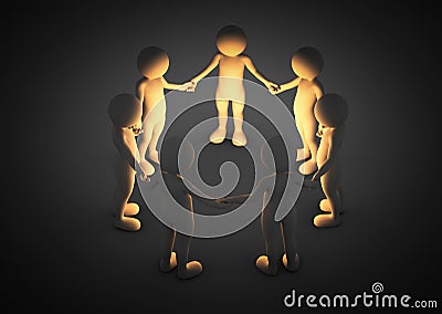 Toon men holding hands in a circle. Light shining. Brainstorm, teamwork, connection concept Cartoon Illustration