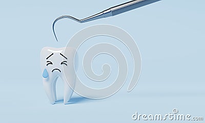 Tooth afraid of dental inspection hooks for yearly oral health check cause of tooth decay on blue background. Health care and Cartoon Illustration