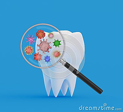 Tooth bacteria under a magnifying glass Cartoon Illustration