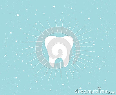 Tooth bright in rays and stars over retro noise background. Teeth hand drawing artistic medical icon. Dental symbol Stock Photo