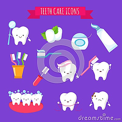 Tooth brushing and dental care cute cartoon icons for kids. Funny teeth with toothbrush and toothpaste Vector Illustration