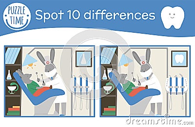 Tooth care find differences game for children. Mouth hygiene preschool activity with cute dentist and patient. Dental clinic Vector Illustration