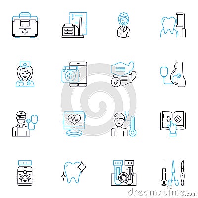 Tooth care linear icons set. Flossing, Brushing, Whitening, Cavity, Fluoride, Enamel, Braces line vector and concept Vector Illustration