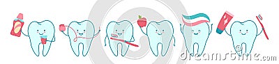 Tooth cartoon dental mascot set orthodontic teeth character mouth cleaning oral hygiene concept Vector Illustration