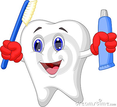 Tooth cartoon holding toothbrush and toothpaste Vector Illustration