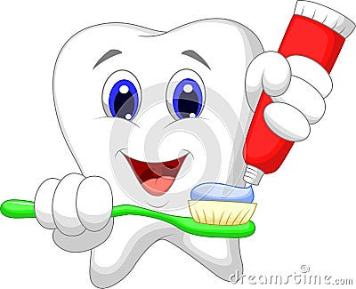 Tooth cartoon putting tooth paste on her toothbrush Vector Illustration