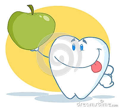 Tooth character holding up a green apple Vector Illustration