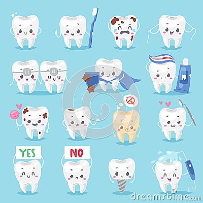 Tooth character personage dental clinic mascot with a toothbrush smiling different human pose vector illustration Vector Illustration