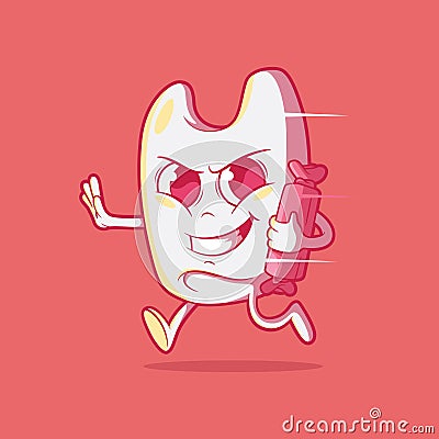 Tooth character running with candy vector illustration. Cartoon Illustration