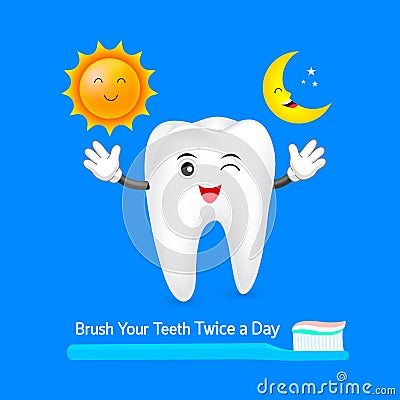 Tooth character with sun and moon. Vector Illustration