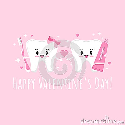 Tooth couple in love with toothpaste, toothbrush, hearts and sparkles. Vector Illustration
