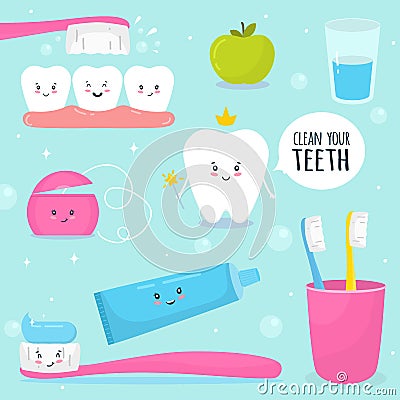 Tooth. Cute character. Teeth, toothpaste, dental floss, green apple, toothbrush, glass. Flat style. Vector Illustration