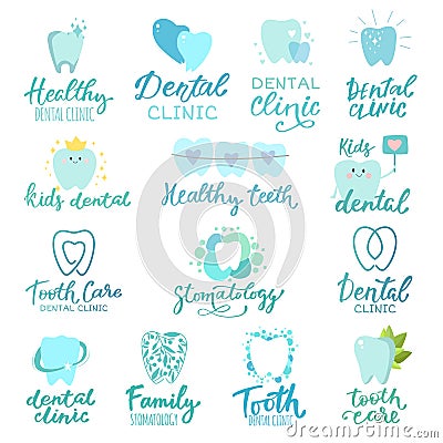 Tooth dental logo vector dentist clinic lettering toothcare icon stomatology text letter dentistry care logotype set Vector Illustration