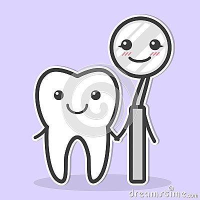 Tooth and dental mirror are friends. Cartoon Illustration