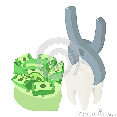 Tooth extraction icon isometric vector. Tooth clamped in medical forcep cash bag Vector Illustration