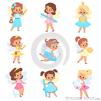 Tooth fairies. Cute little winged girls in different dresses with dental care accessories and teeth, baby stories, kids Vector Illustration