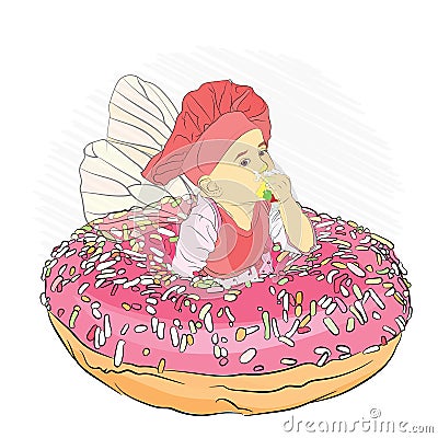 tooth fairy eating donut pink h colored sprinkling Cartoon Illustration