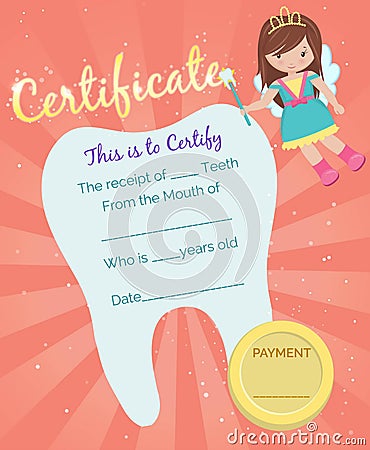 Tooth Fairy receipt certificate template Vector Illustration