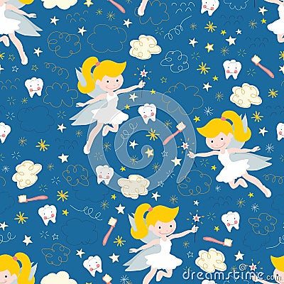 Tooth fairy seamless vector pattern. Cute fairies with wand on blue background with teeth, toothbrush, stars and clouds Vector Illustration