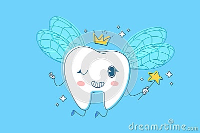 Tooth fairy. Sparkling tooth with wings, crown and magic wand. Cute Kids dental clinic mascot. Vector Illustration