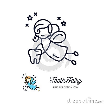 Tooth Fairy thin line art icons, Childrens dentistry logo Vector Illustration