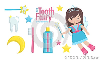 Tooth fairy with wand and a set of cute items. Vector Illustration